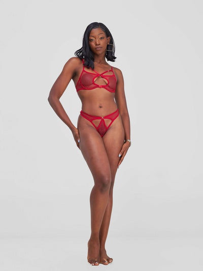 2-Piece Matching Bra and Panty Set in Sheer Fishing Net Lingerie - Red