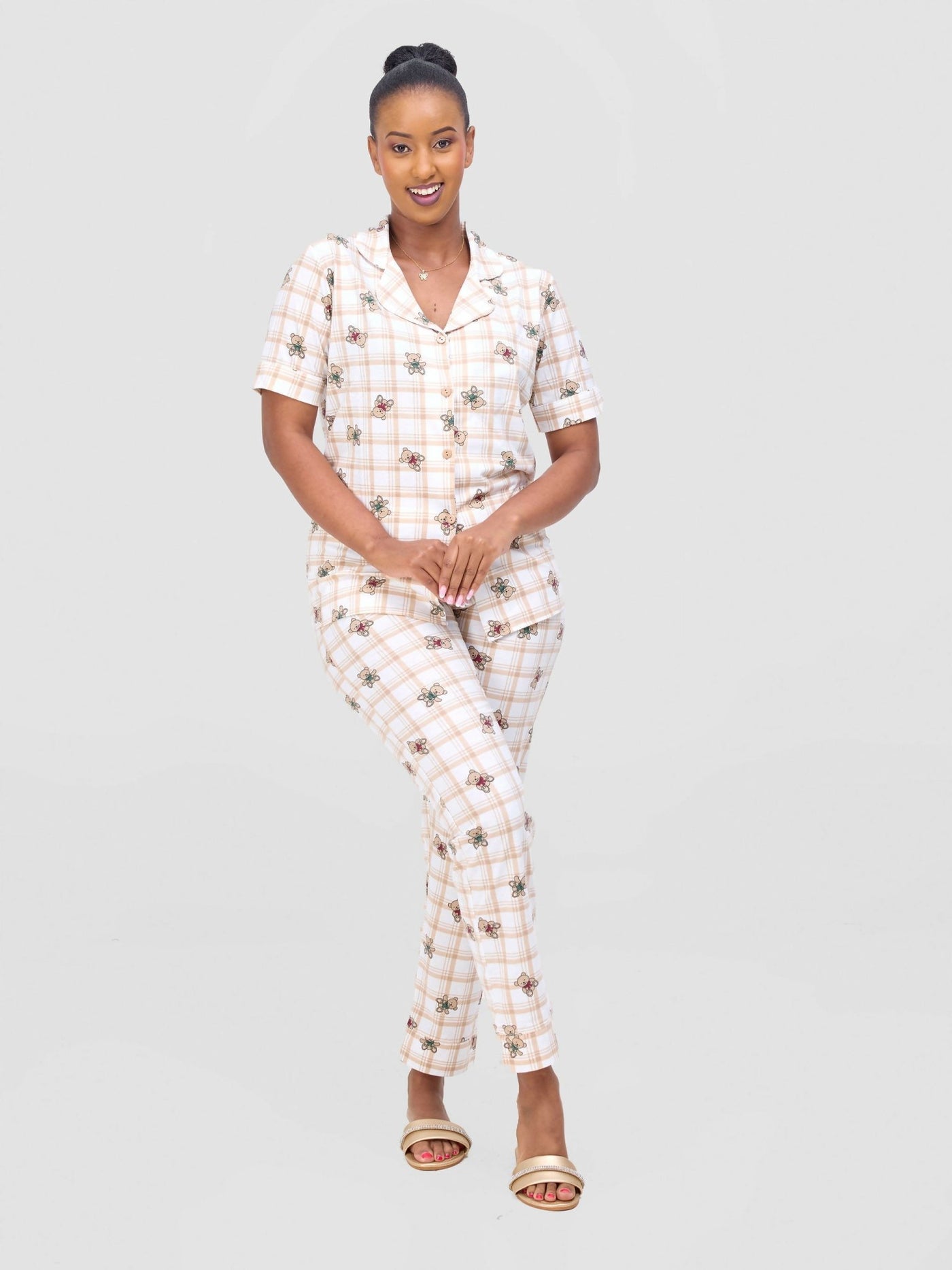 Iristyle Cotton Pyjamas Pant Set - White / Brown - Shopzetu
