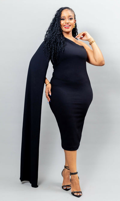 African Yuva Cinnamon Cape Dress - Black - Shopzetu