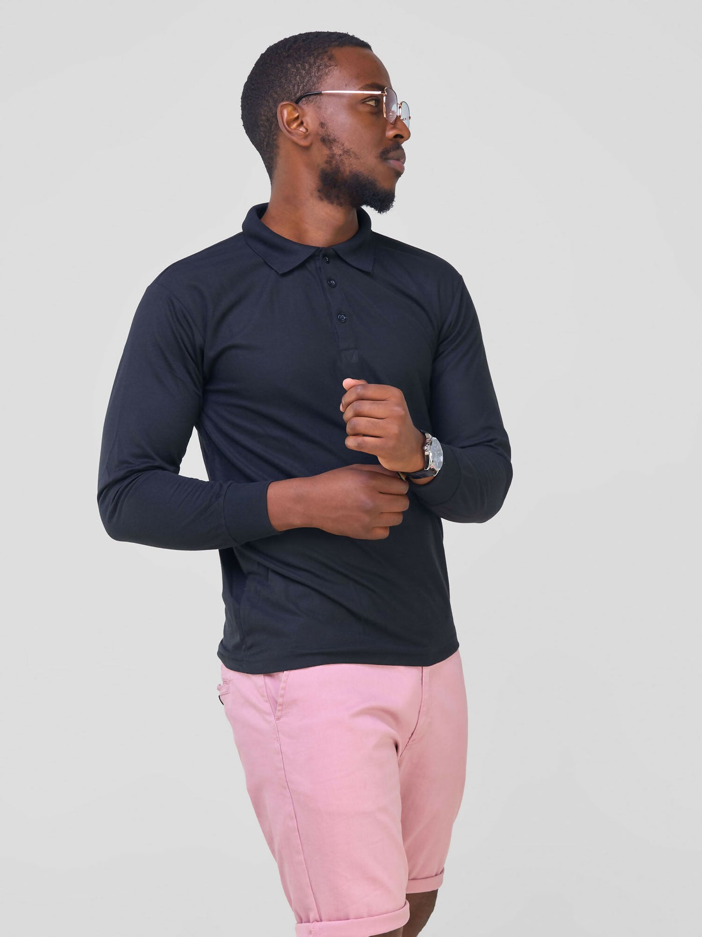 Long Sleeved Polo T-Shirt - Black - Shopzetu