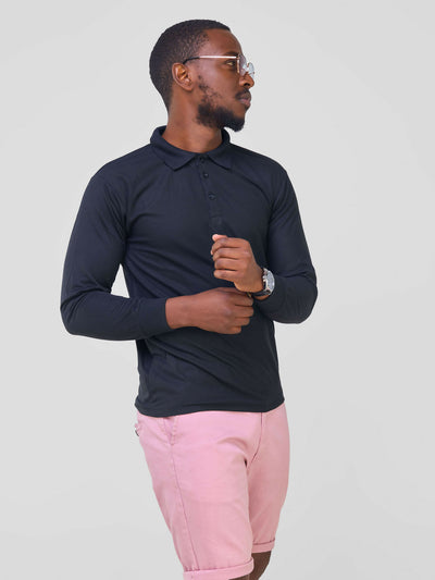 Long Sleeved Polo T-Shirt - Black - Shopzetu