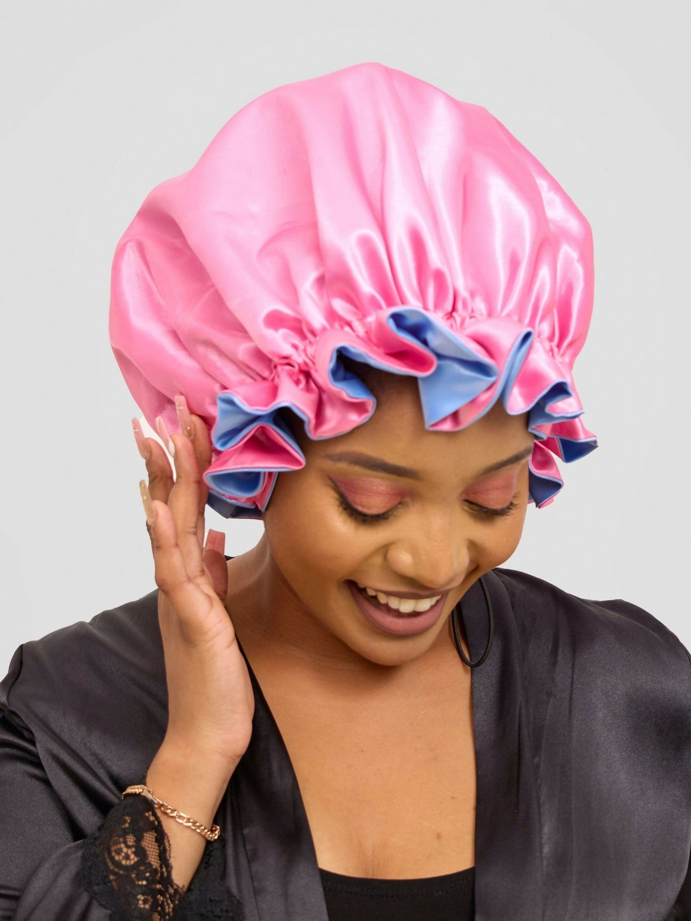 Satin Luxe Ruffle Bonnet - Pink / Blue - Shopzetu