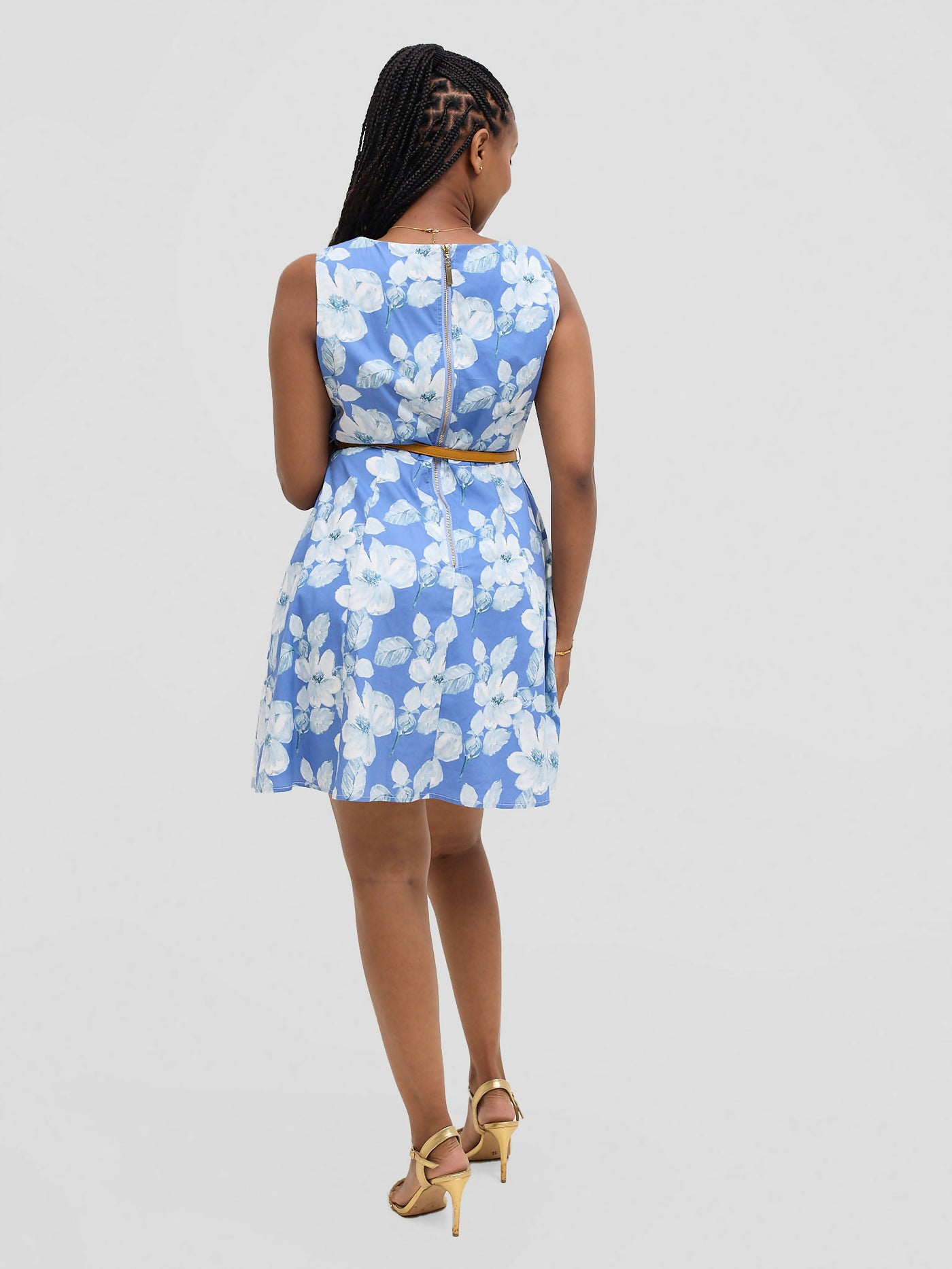 The Fashion Frenzy Belted Floral Skater Dress - Blue - Shopzetu