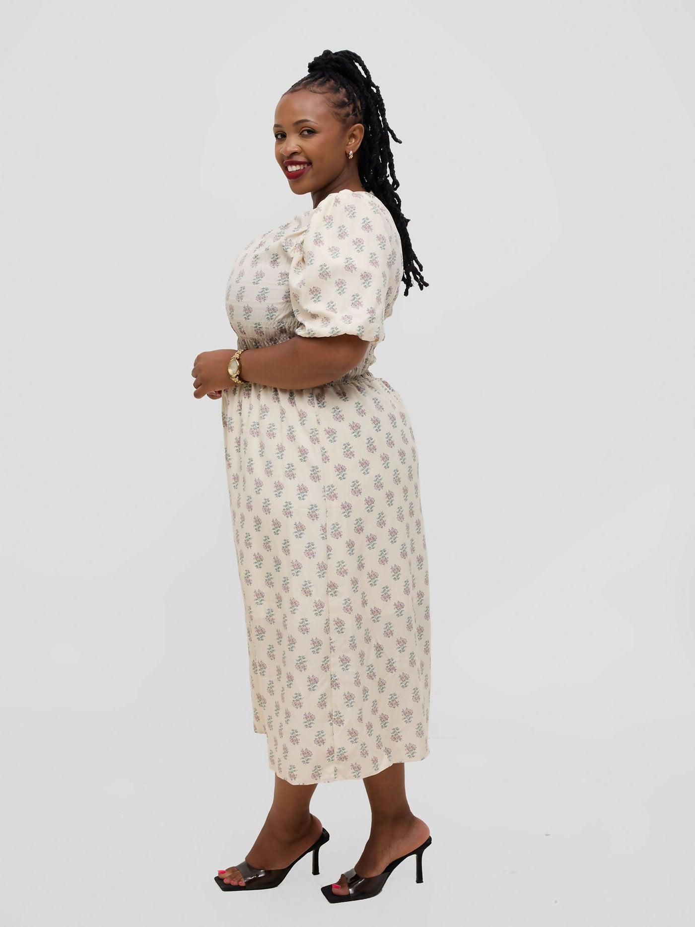 Hessed Floral Puff Short Sleeve A Line Round Neck Dress - Cream - Shopzetu