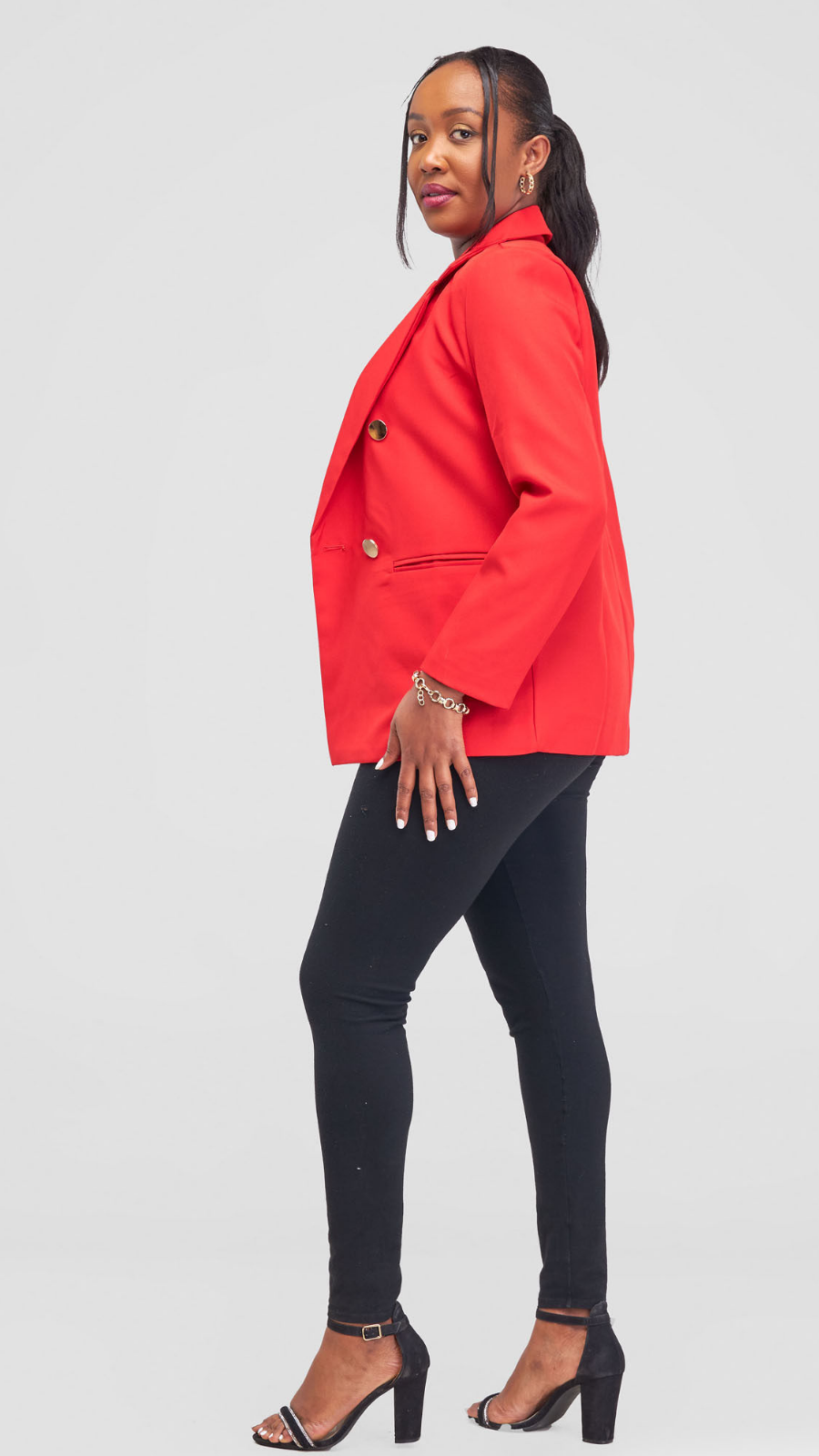 The Fashion Frenzy Elara Tailored Double-Button Blazer - Red