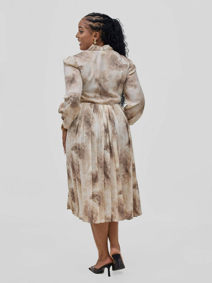 Hessed Tie Neck floral pleated Long Sleeve Dresses - Brown - Shopzetu