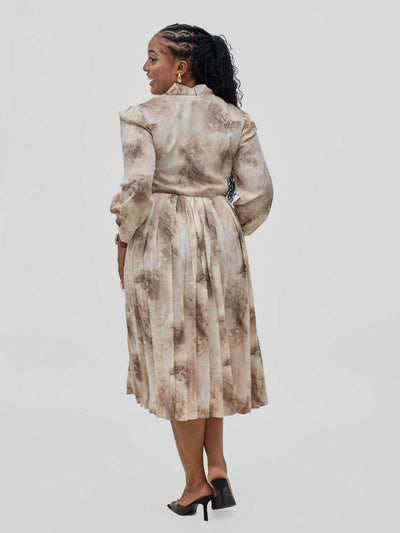 Hessed Tie Neck floral pleated Long Sleeve Dresses - Brown - Shopzetu