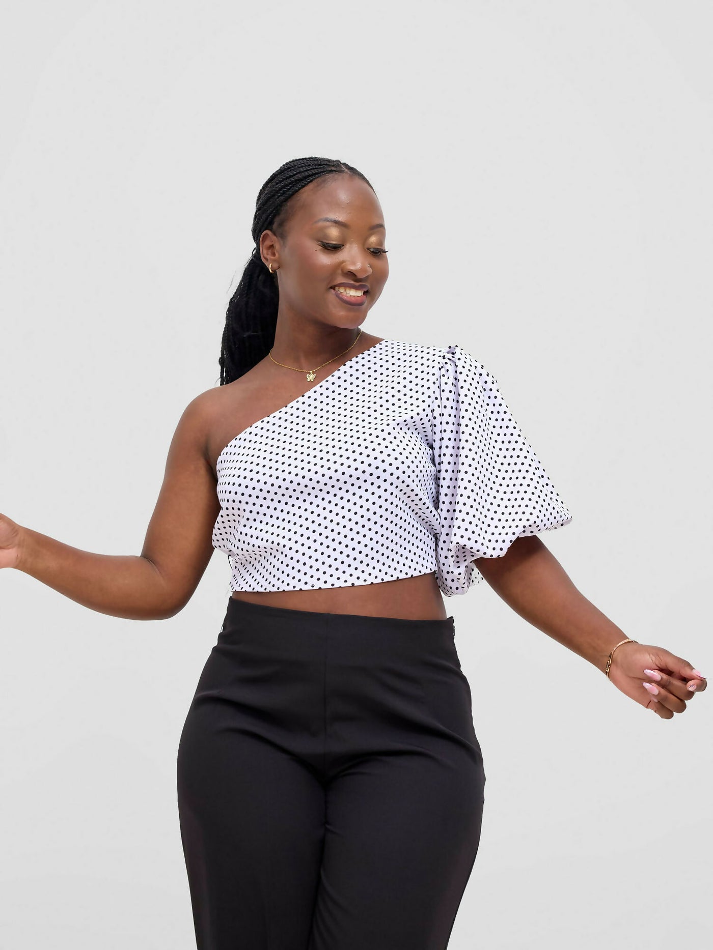 Chic Clique One Hand Polka Dot Top - White - Shopzetu