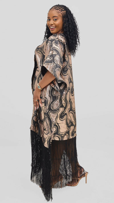 Hats And More Glamour Fringe Hem Tunic Dress – Gold / Black Print - Shopzetu