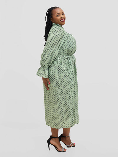 Hessed Polka Dot Ruffle Flare Sleeve Beled Chiffon Dress - Green - Shopzetu