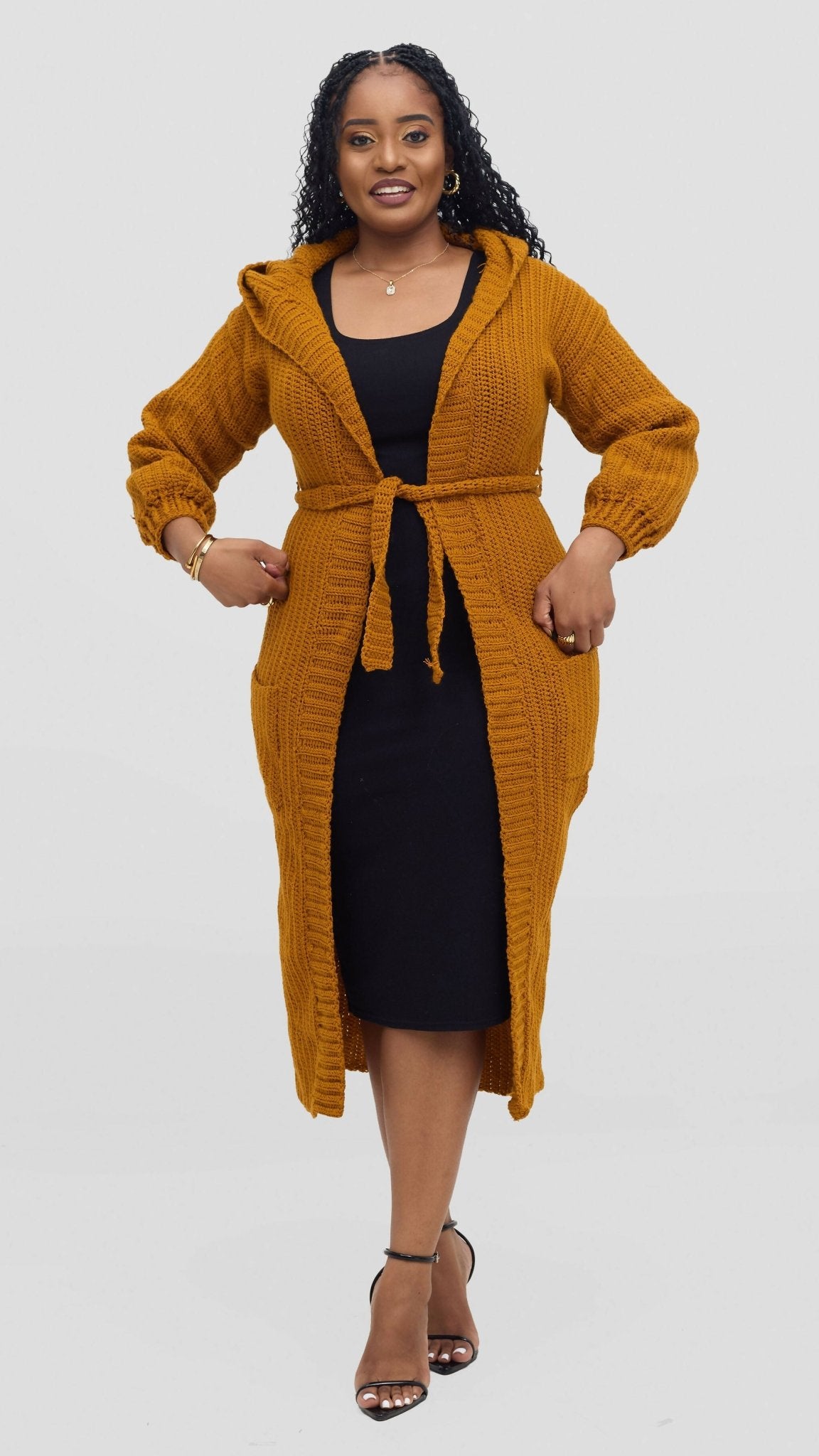Timyt Urban Wear Friendly Hooded Cardigan With Belt - Mustard - Shopzetu