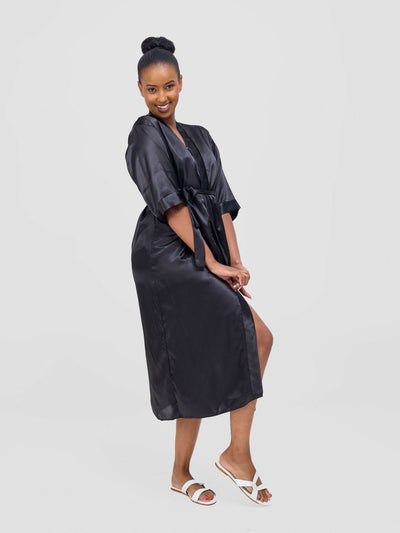 Iristyle Satin Long Robe - Black - Shopzetu