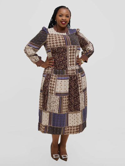 Hessed Floral Long Sleeve Pleated Dress - Brown - Shopzetu