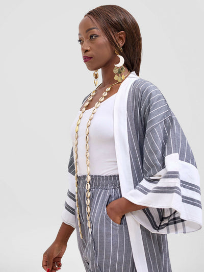 Liquid Lemn Mistari Cozy Striped Kimono Set - Grey / White - Shopzetu