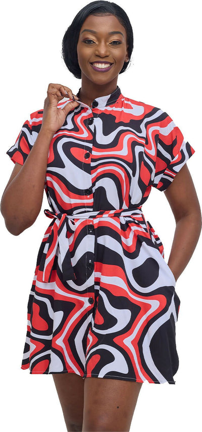 Kitu Kali Ladies Shirt Dress - Cream / Red Wave - Shopzetu