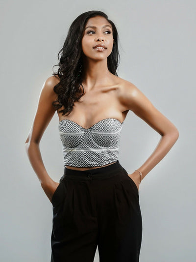 Misstcal Ethiopian Hand Embroidered Bustier Corset Top - Black / White - Shopzetu
