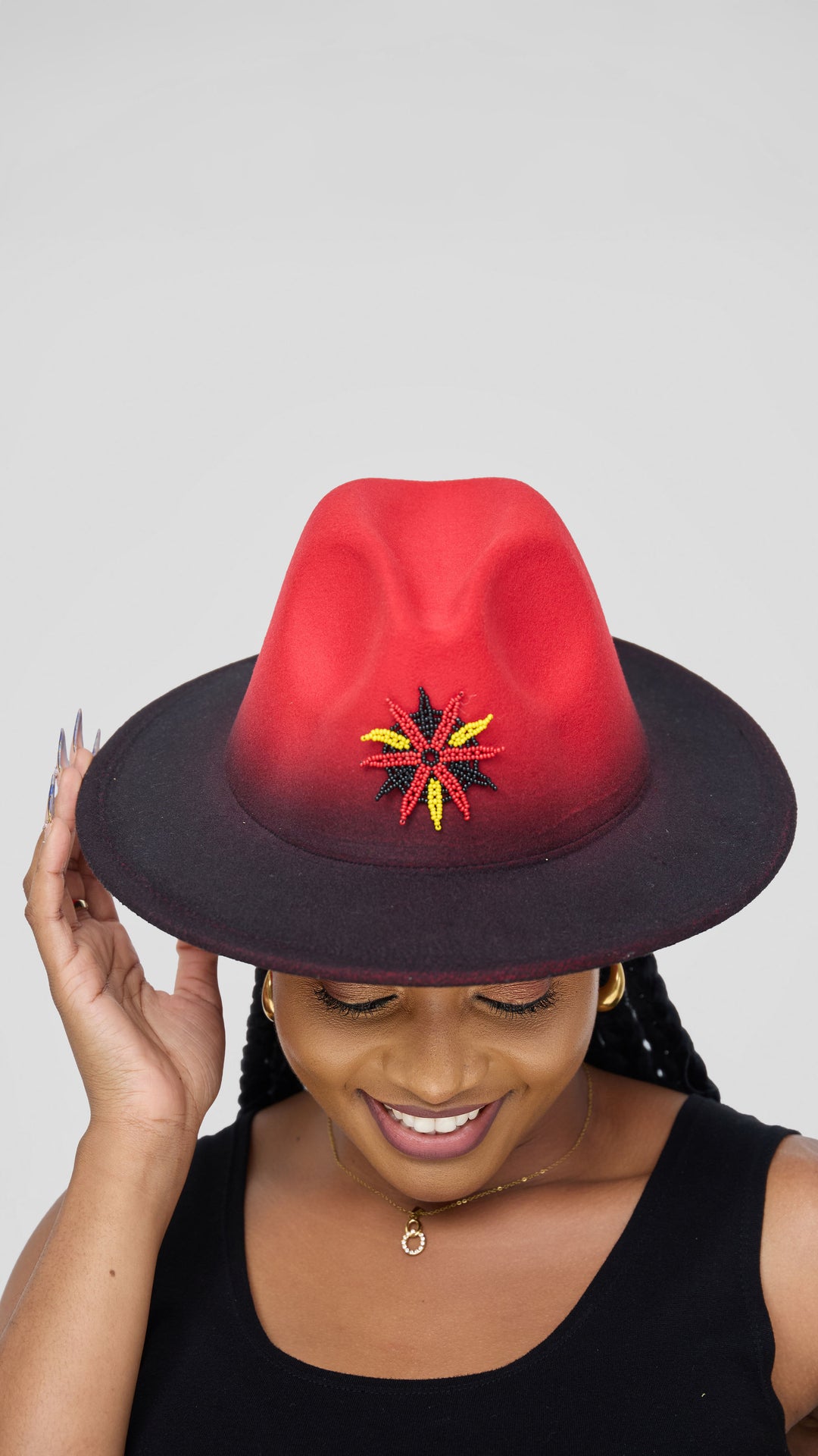 Umbo Collections With Beaded Huichol Flower Fedora Hat - Red