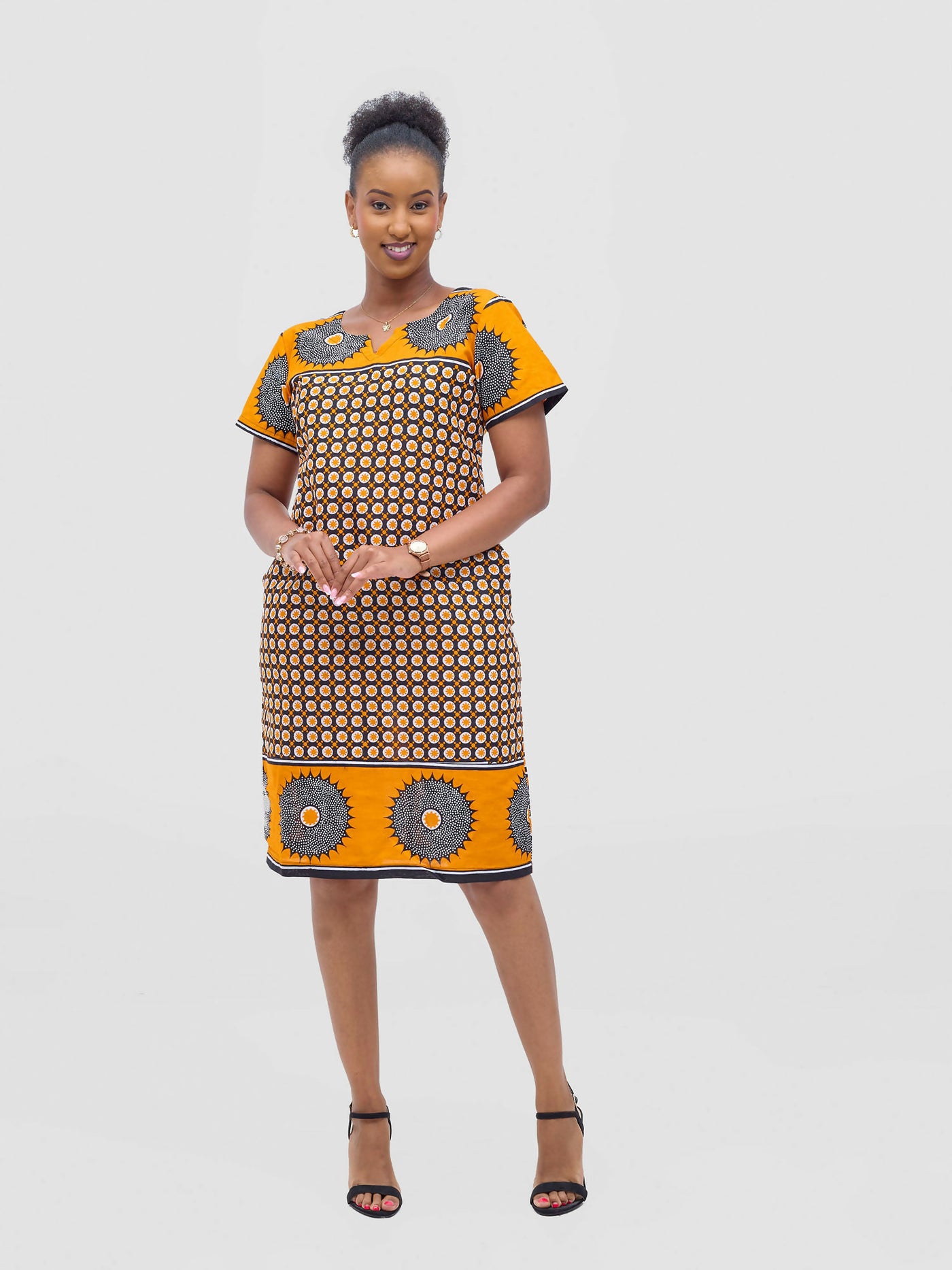 Vivid Afrikana Khanga Shift Dress - Orange / White - Shopzetu