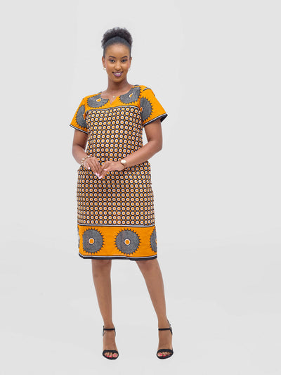 Vivid Afrikana Khanga Shift Dress - Orange / White - Shopzetu