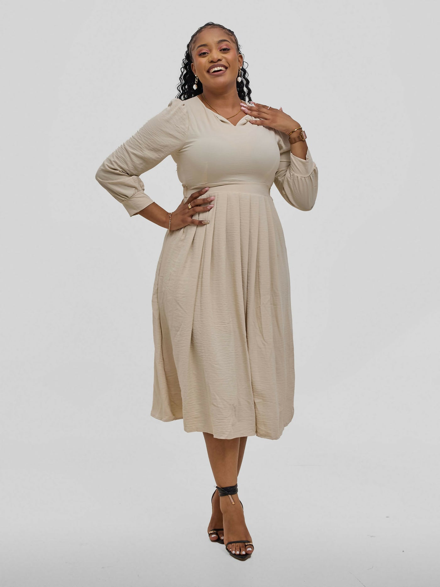 Hessed V - Neck Pleated Long Sleeved Dress - Biege - Shopzetu