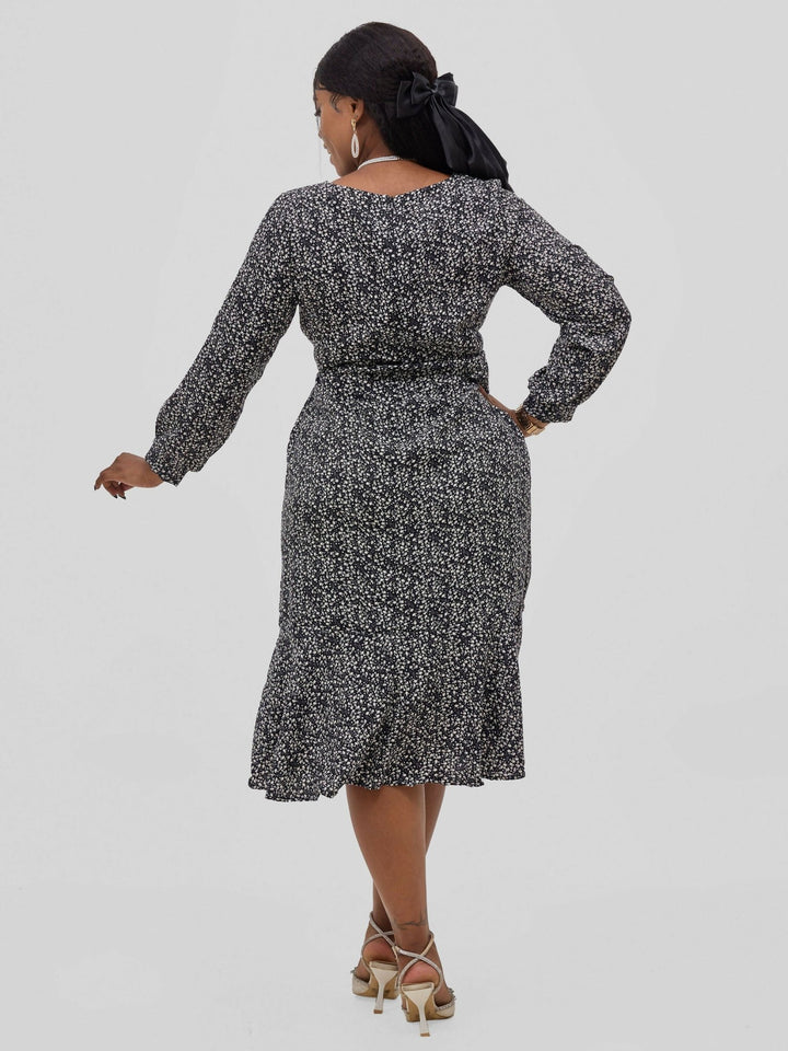 Hessed Square Neck Long Sleeves Floral Print Fit & Flare Dress - Black - Shopzetu