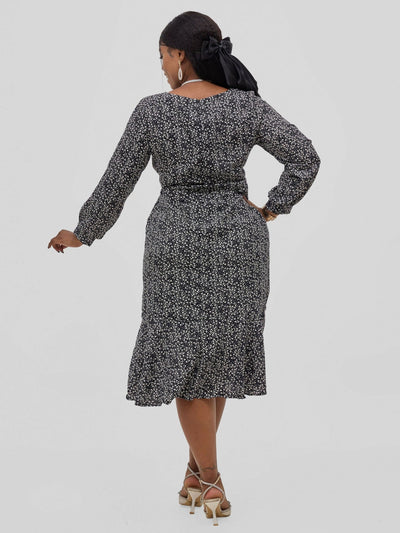 Hessed Square Neck Long Sleeves Floral Print Fit & Flare Dress - Black - Shopzetu