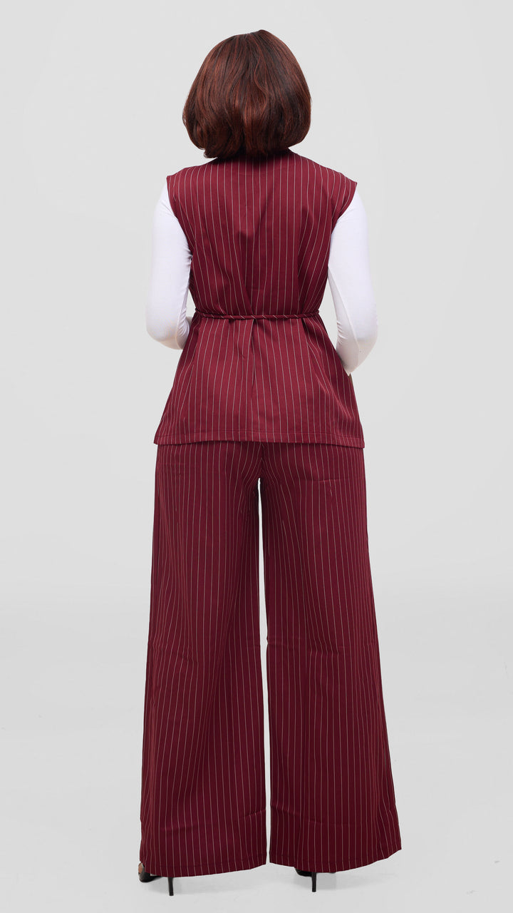 SAMA House Pinstripe Waist Coat & Wide-Leg Trouser Set - Maroon