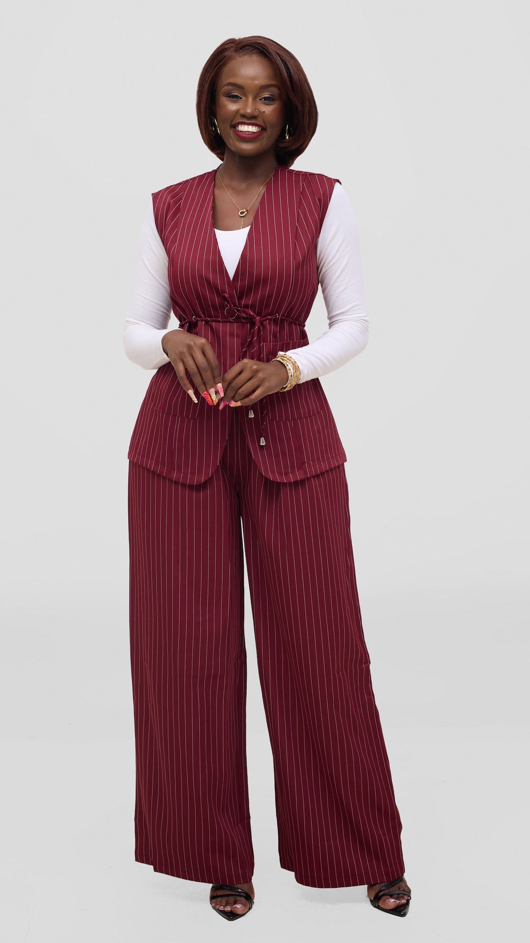 SAMA House Pinstripe Waist Coat & Wide-Leg Trouser Set - Maroon