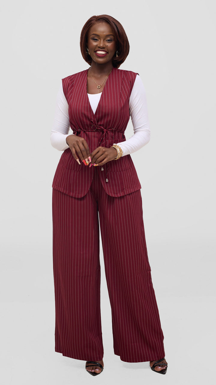 SAMA House Pinstripe Waist Coat & Wide-Leg Trouser Set - Maroon