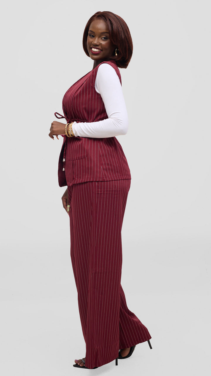 SAMA House Pinstripe Waist Coat & Wide-Leg Trouser Set - Maroon