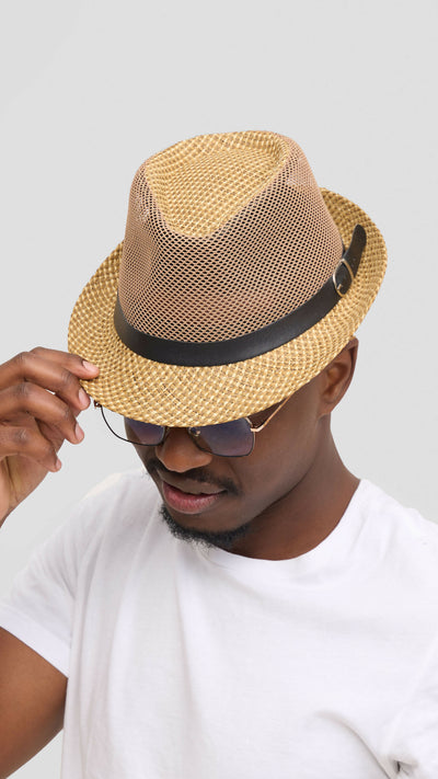 Umbo Collections Mesh Straw Fedora Hat - Beige