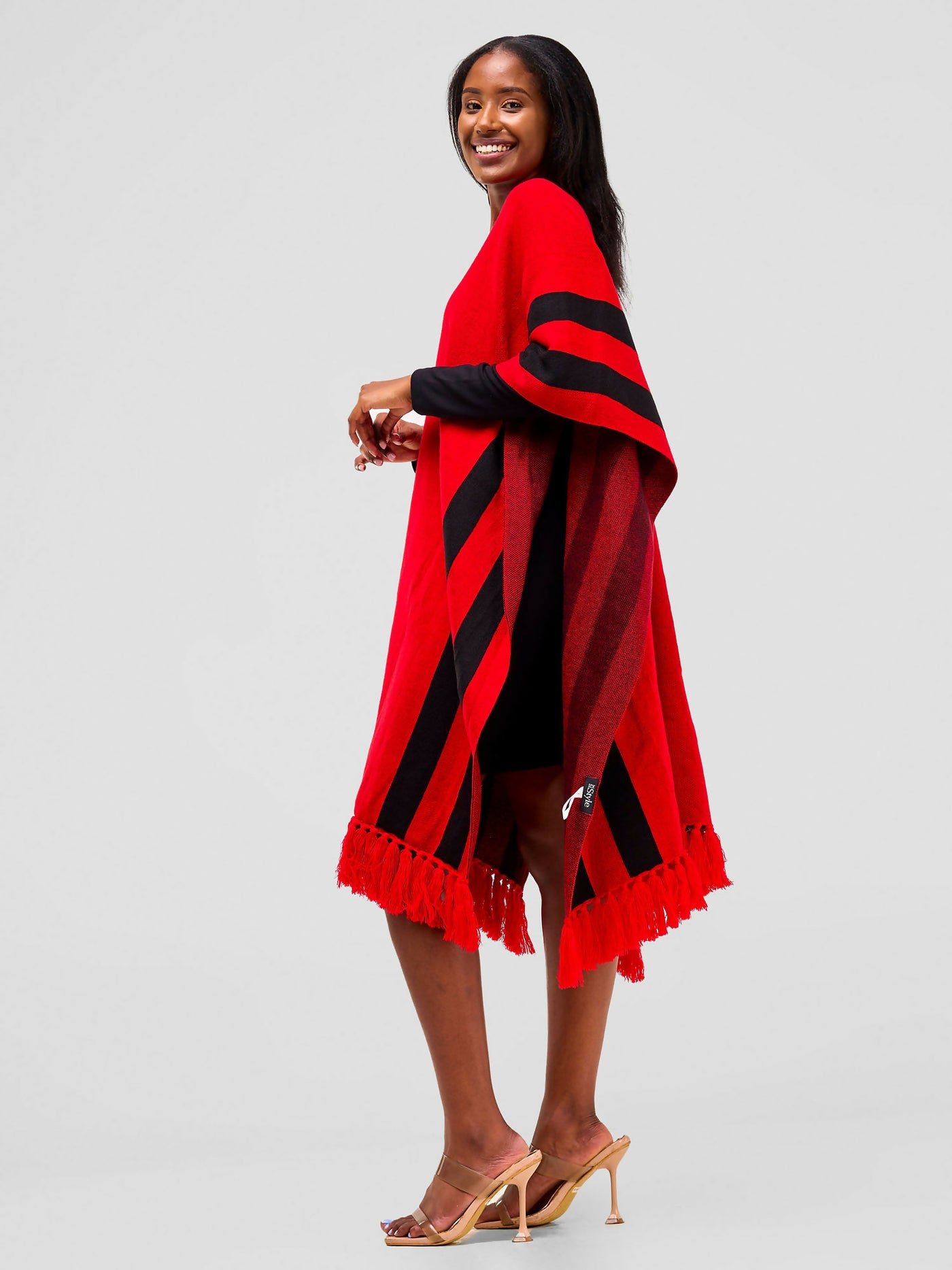 Anel's Knitwear Stari Fringe Poncho - Red / Black - Shopzetu