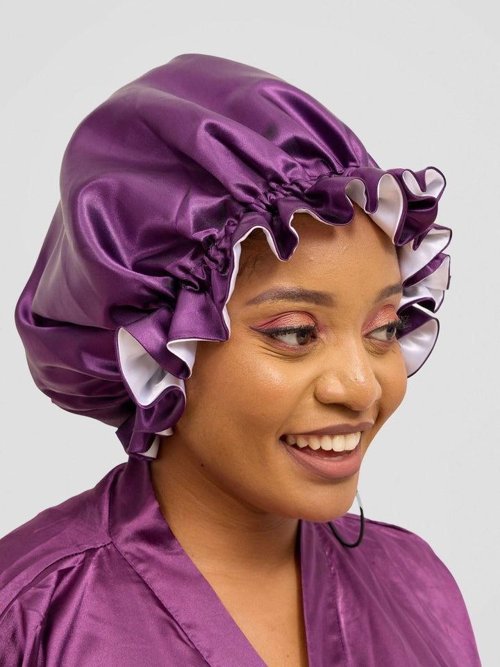 Satin Luxe Ruffle Bonnet - Black Currant / White - Shopzetu