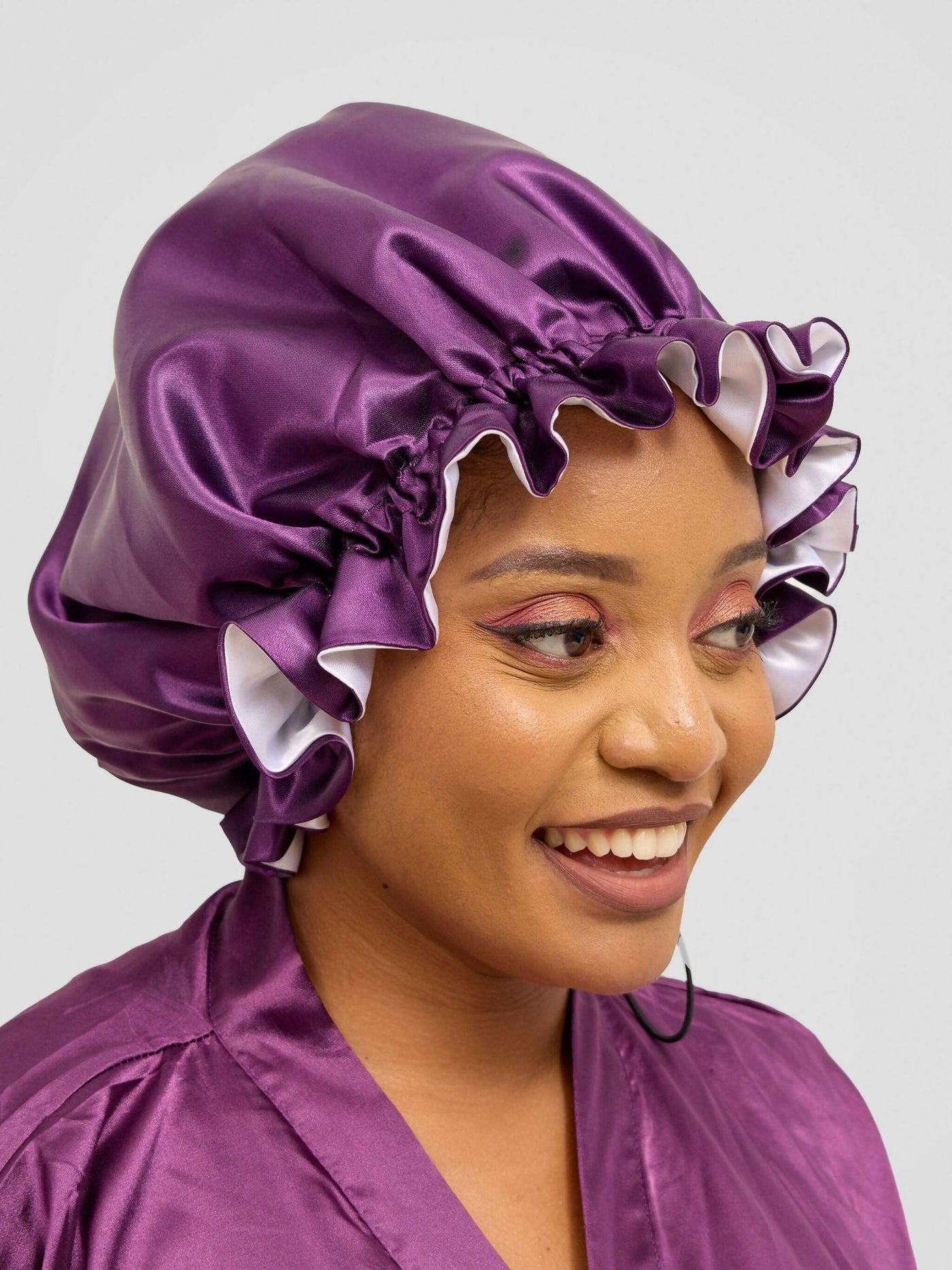 Satin Luxe Ruffle Bonnet - Black Currant / White - Shopzetu