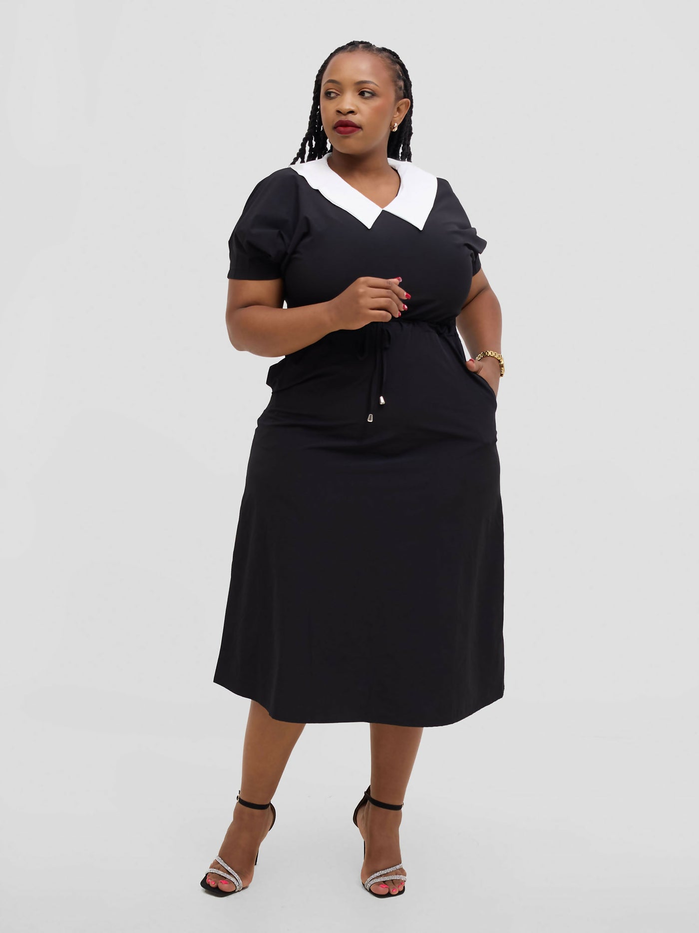 Hessed Peter Pan Collar Drawstring Dress - Black - Shopzetu