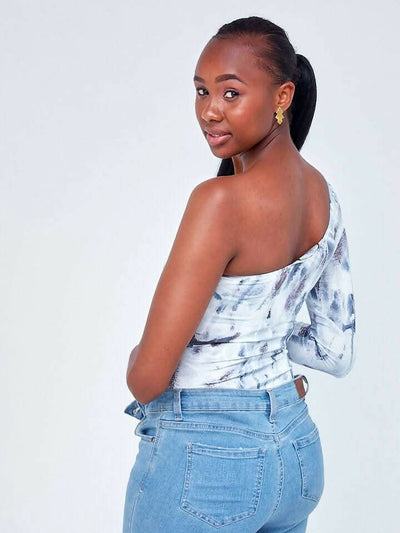 Signature The Brand All Over Print One Shoulder Bodysuit - White - Shopzetu