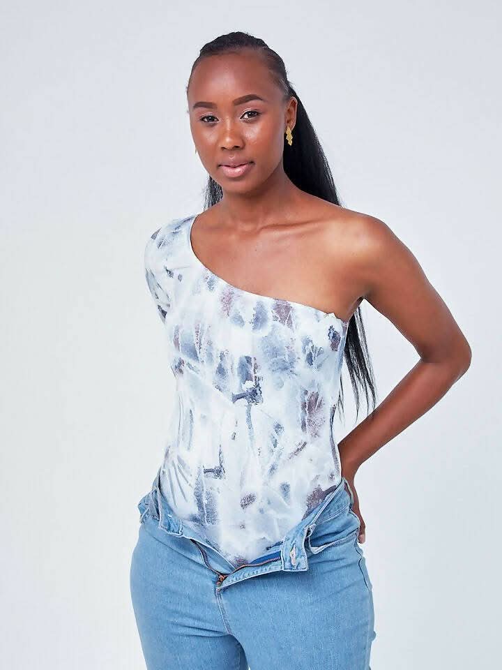 Signature The Brand All Over Print One Shoulder Bodysuit - White - Shopzetu