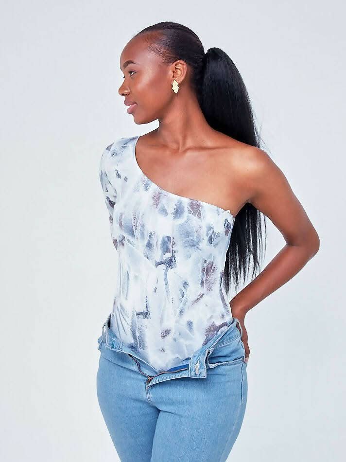 Signature The Brand All Over Print One Shoulder Bodysuit - White - Shopzetu