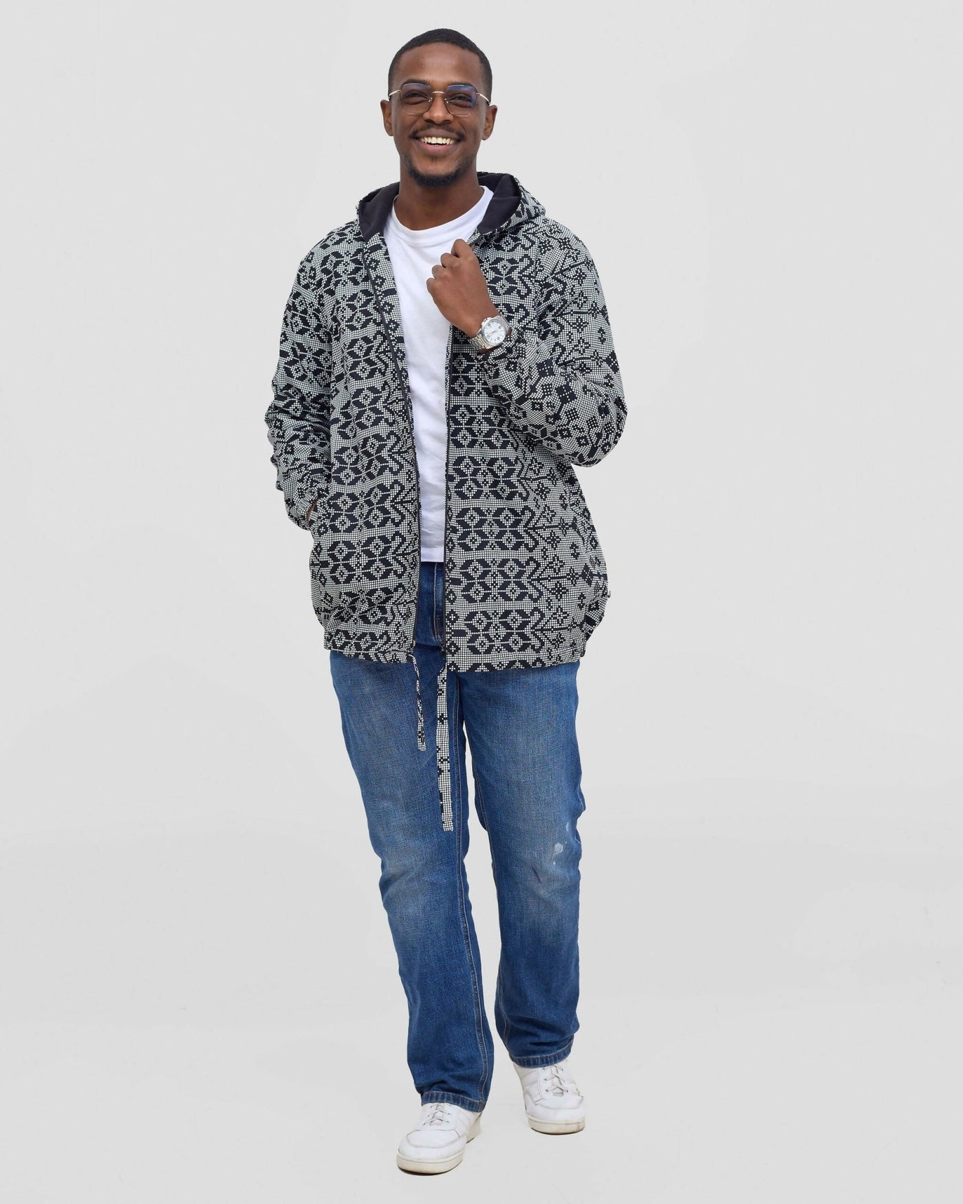 Gravio Fashion Monochrome Hooded Jacket - Black / White - Shopzetu
