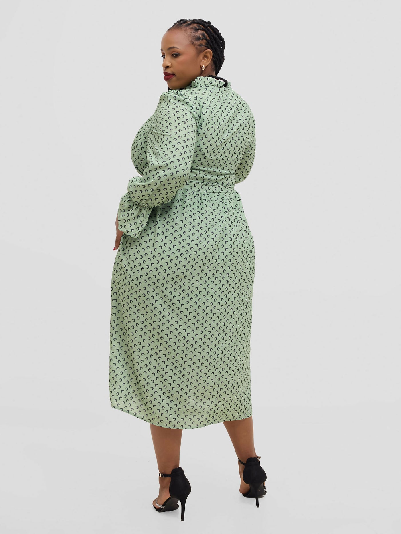 Hessed Polka Dot Ruffle Flare Sleeve Beled Chiffon Dress - Green - Shopzetu