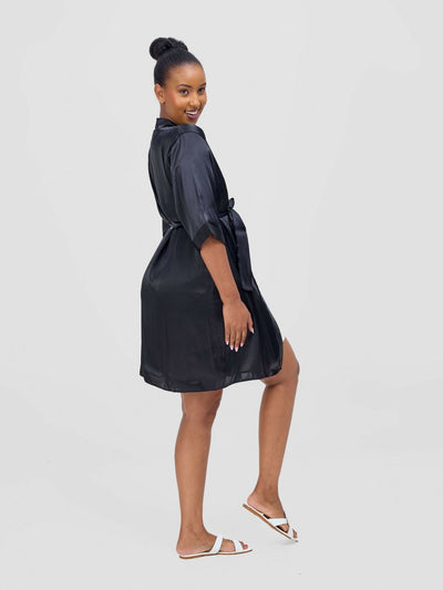 iristyle Satin Short Robe - Black - Shopzetu