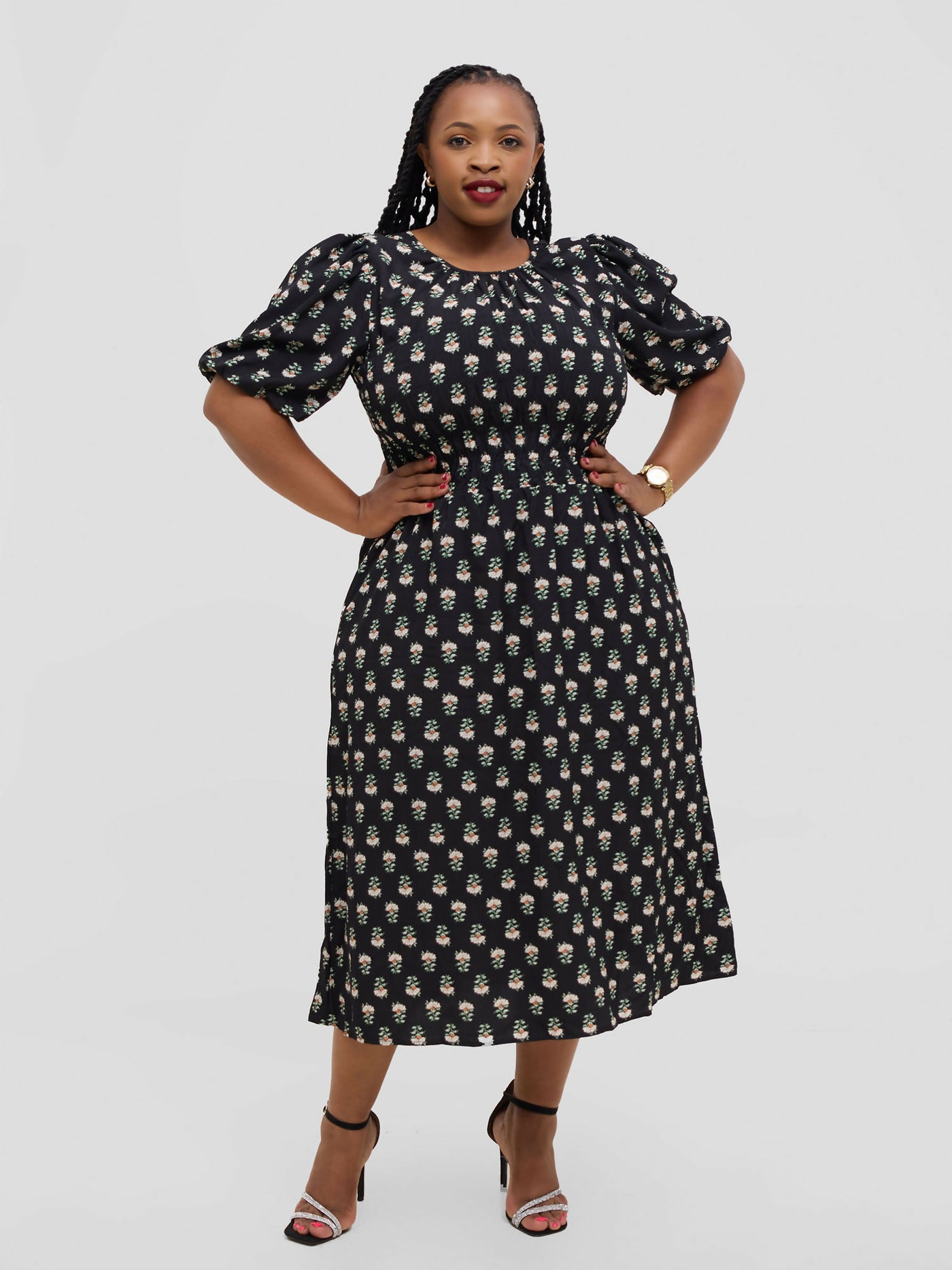 Hessed Floral Puff Short Sleeve A Line Round Neck Dress - Black - Shopzetu