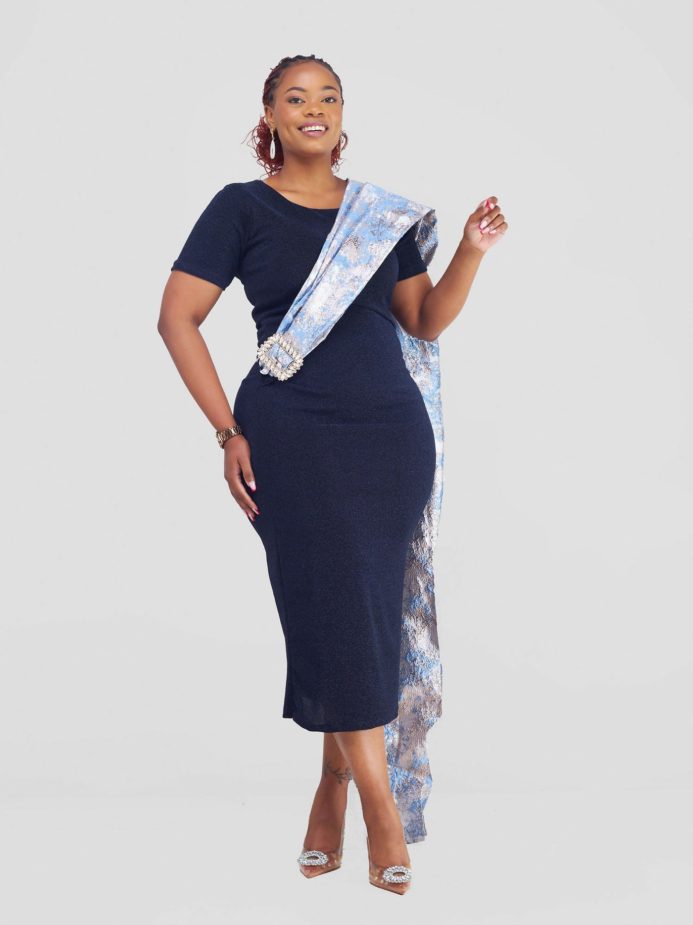 Shimmer Dress With Brocade Tail - Blue