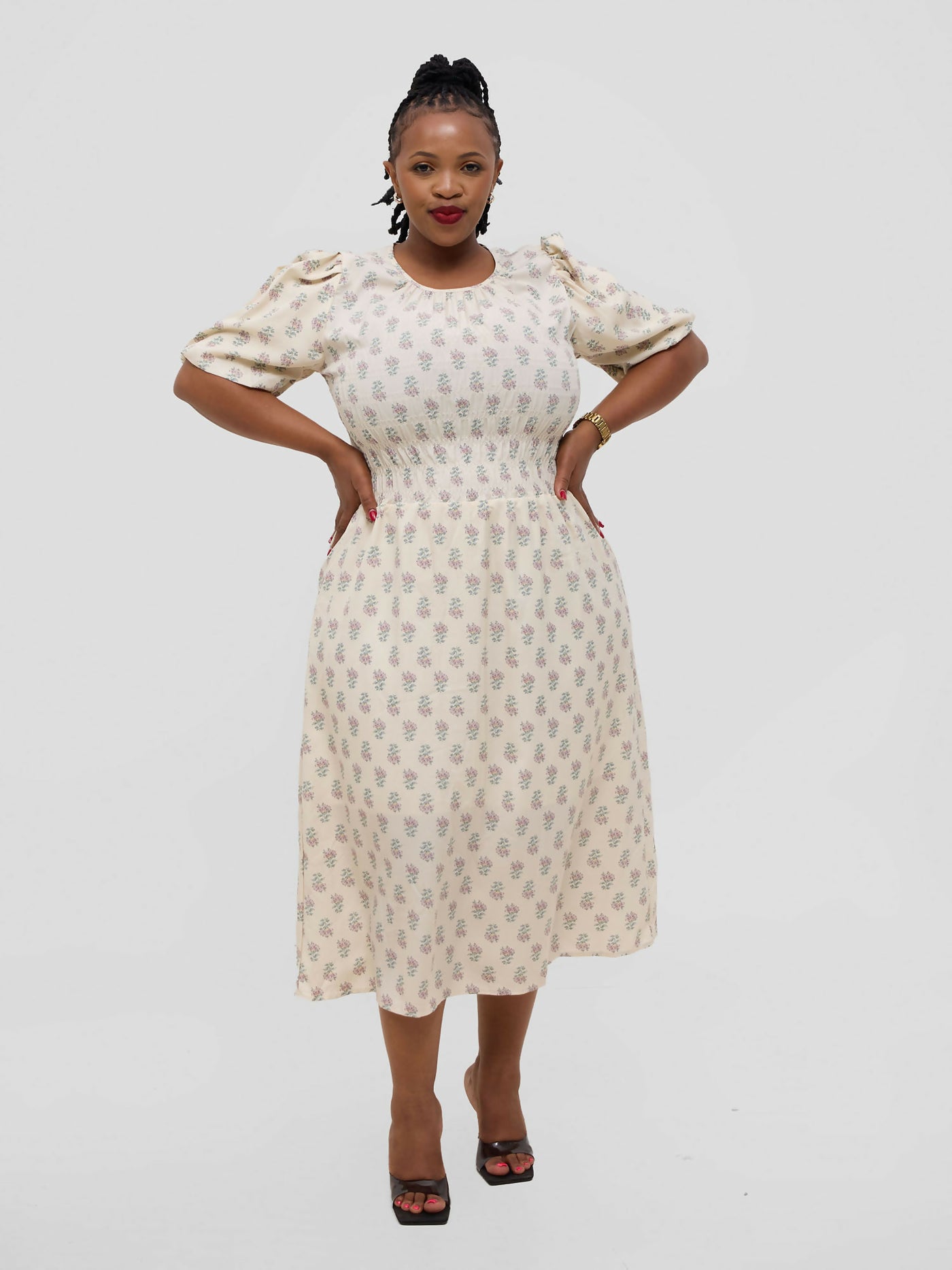 Hessed Floral Puff Short Sleeve A Line Round Neck Dress - Cream - Shopzetu