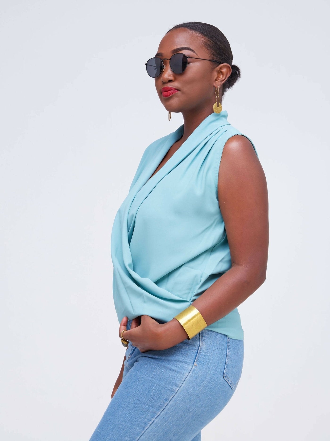The Fashion Frenzy V - Neck Blouse - Blue - Shopzetu