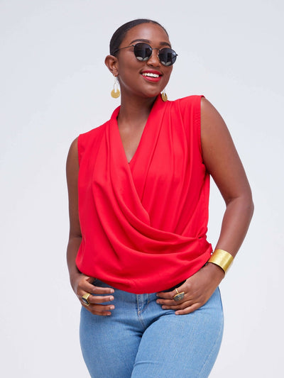 The Fashion Frenzy V - Neck Blouse Top - Red - Shopzetu