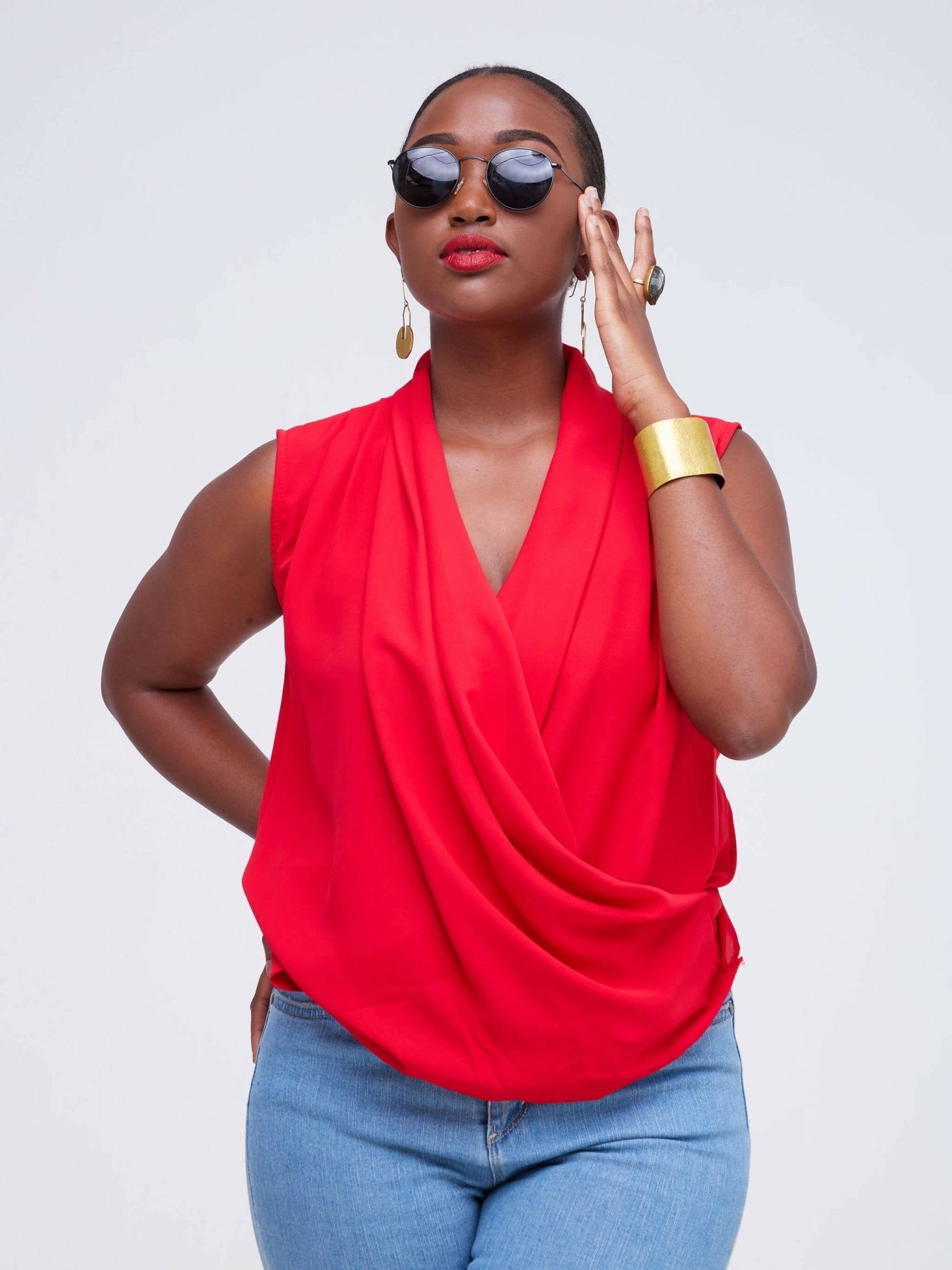 The Fashion Frenzy V - Neck Blouse Top - Red - Shopzetu
