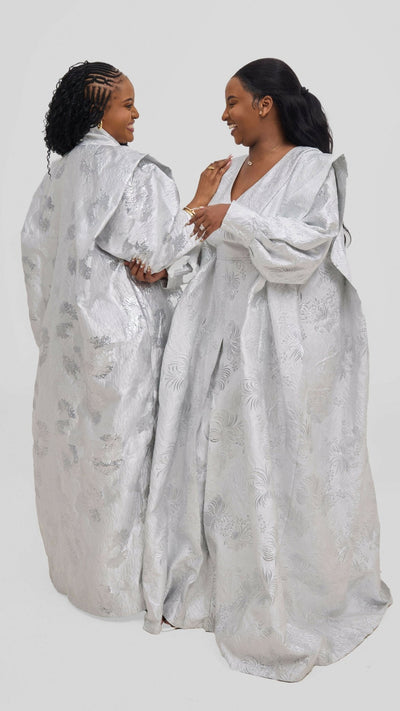 Hats And More Majestic Radiance Kaftan Dress & Matching Headwrap – Silver Print - Shopzetu