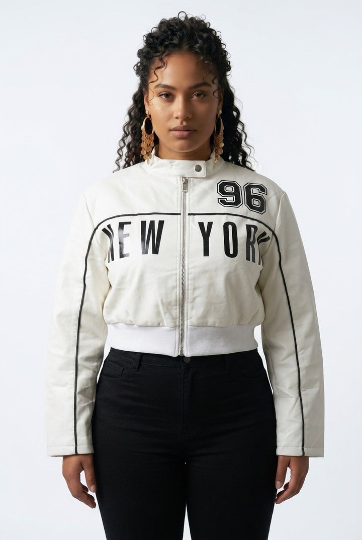 Stylish Sisters Stand Collar Letter Print Cropped Leather Jacket - White
