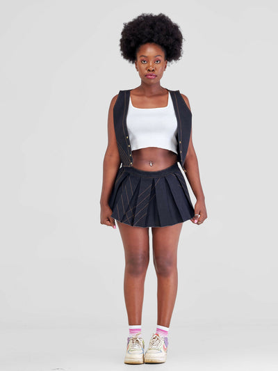 Afristar By Joyleen Mini Pleated Skirt & Waistcoat Combo - Black